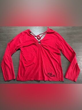 Harley-Davidson Embroidered Keyhole Women's Red Long Sleeve Top L